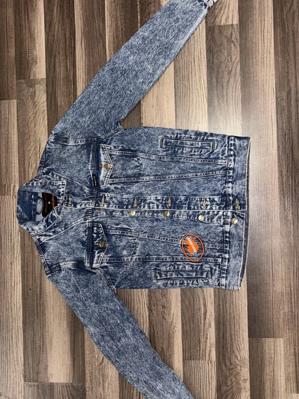 Members Only Acid-Wash Blue Denim Jacket with Orange Patch